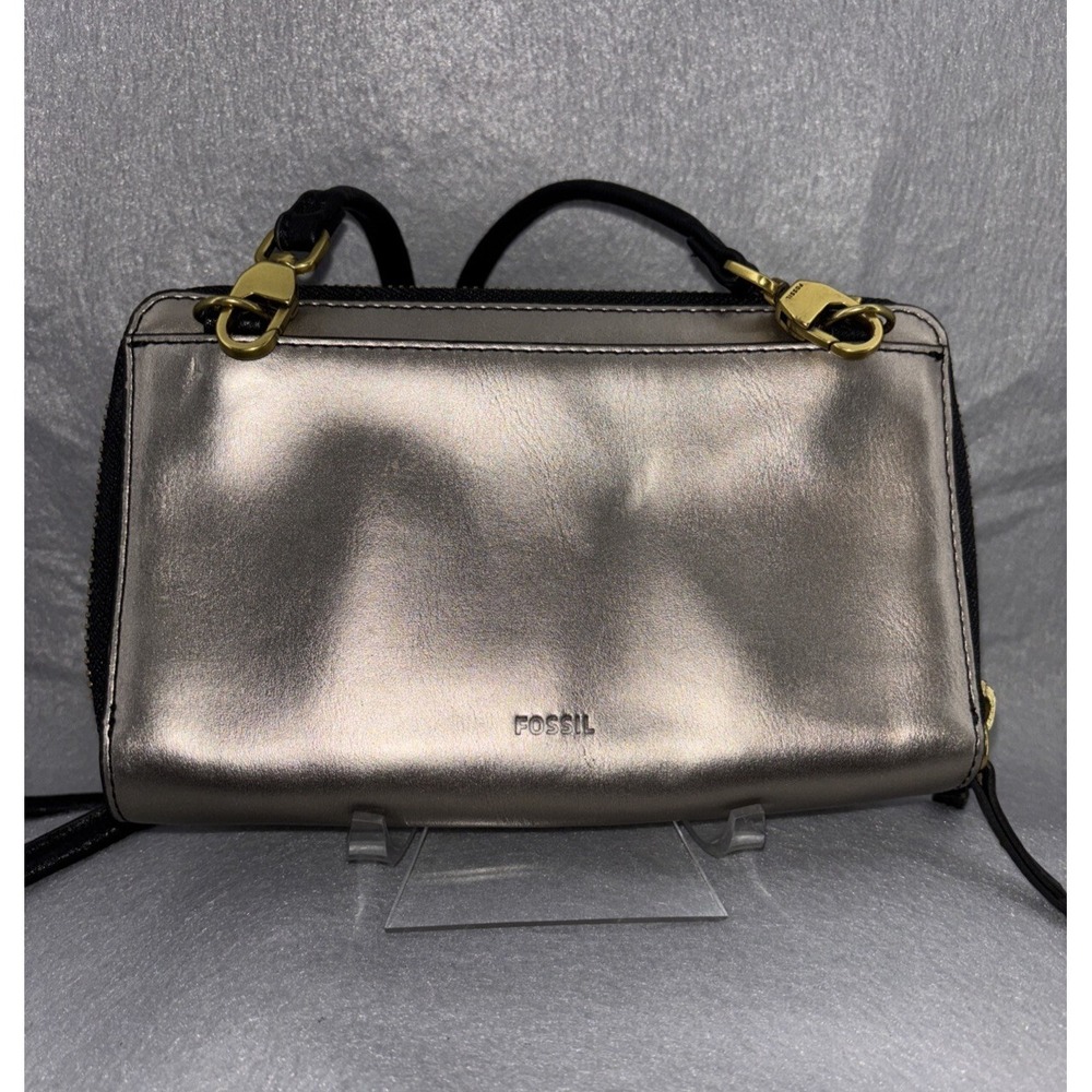 Fossil Metallic Leather Double Zip Around Wristlet Wallet Clutch Crossbody - Picture 2 of 16